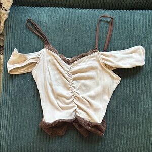 Cream and Brown Off-Shoulder Top